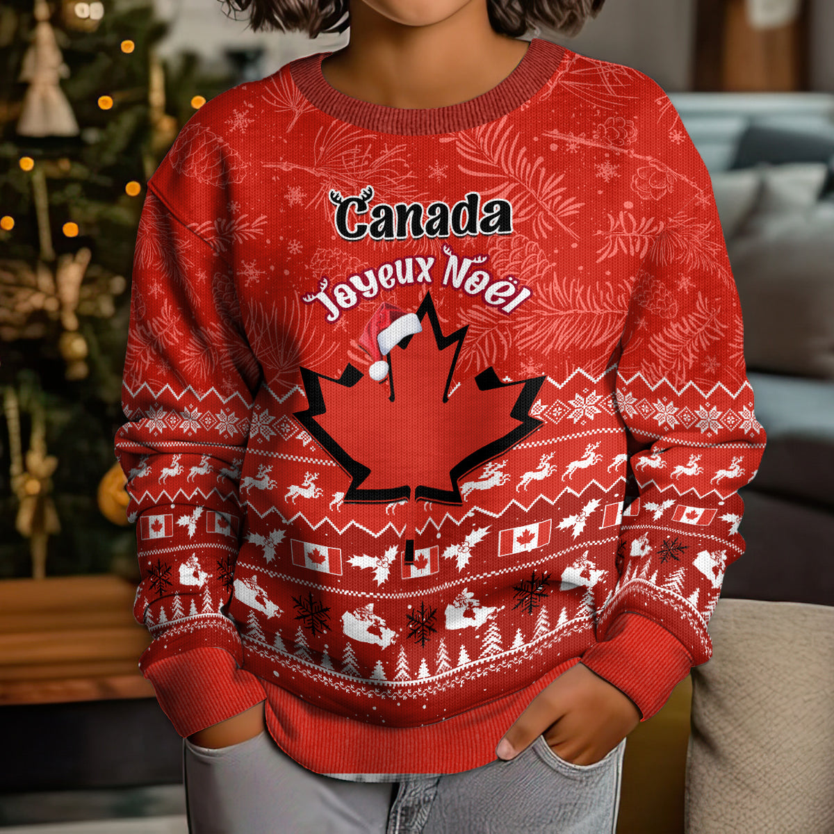 Personalised Canada Christmas Kid Ugly Christmas Sweater Maple Leaf Santa With Map Merry Xmas - Wonder Print Shop