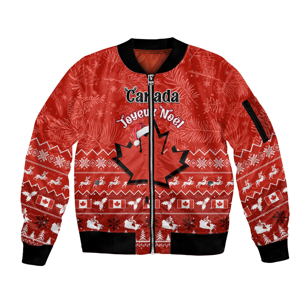 Personalised Canada Christmas Sleeve Zip Bomber Jacket Maple Leaf Santa With Map Merry Xmas - Wonder Print Shop