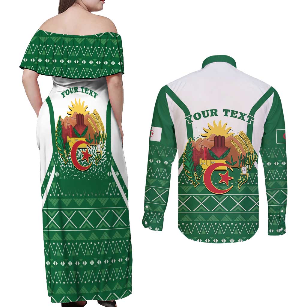 Personalized Algeria Couples Matching Off Shoulder Maxi Dress and Long Sleeve Button Shirt Coat Of Arms African Pattern - Wonder Print Shop
