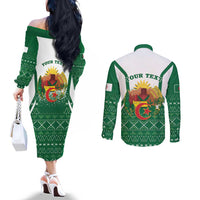 Personalized Algeria Couples Matching Off The Shoulder Long Sleeve Dress and Long Sleeve Button Shirt Coat Of Arms African Pattern