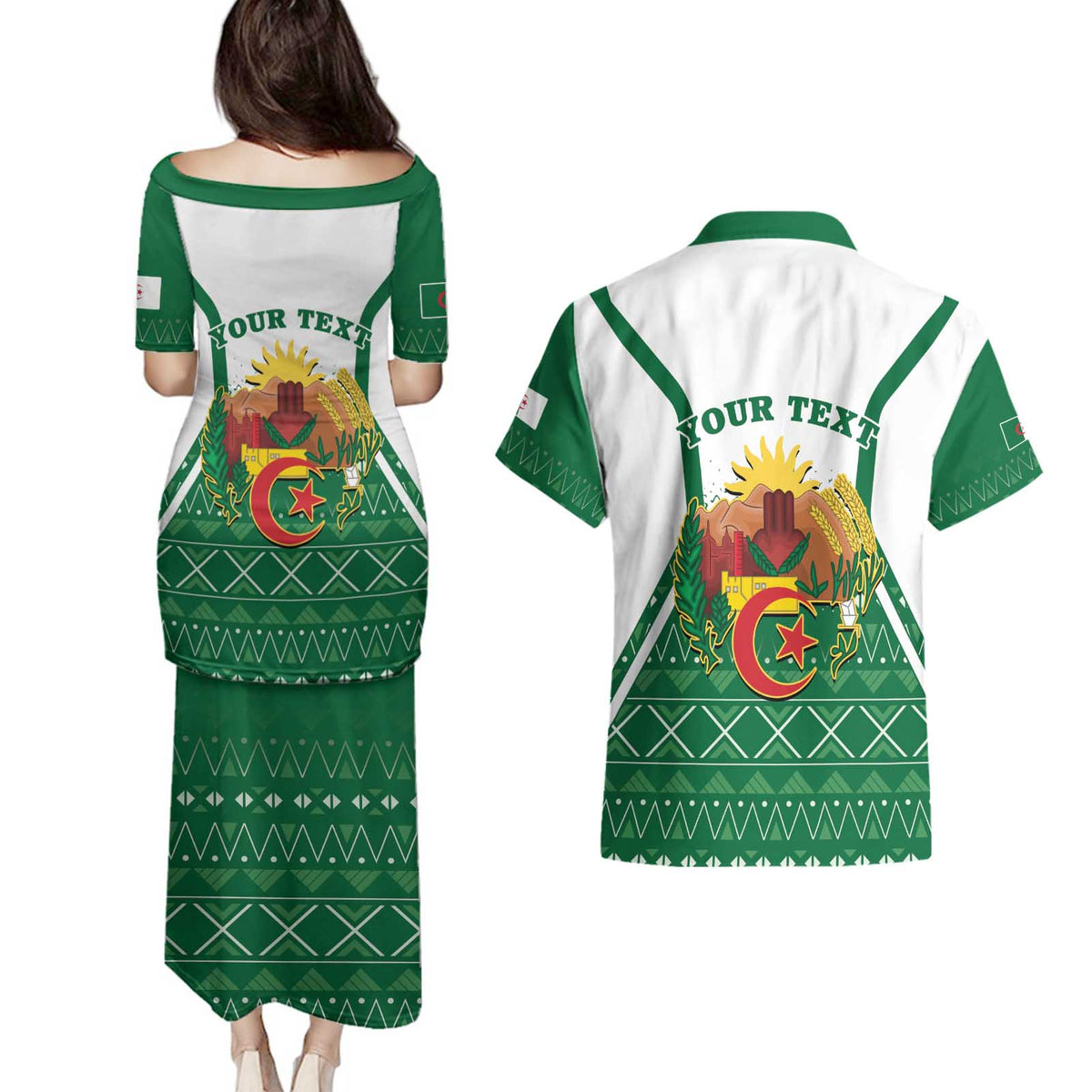 Personalized Algeria Couples Matching Puletasi and Hawaiian Shirt Coat Of Arms African Pattern - Wonder Print Shop