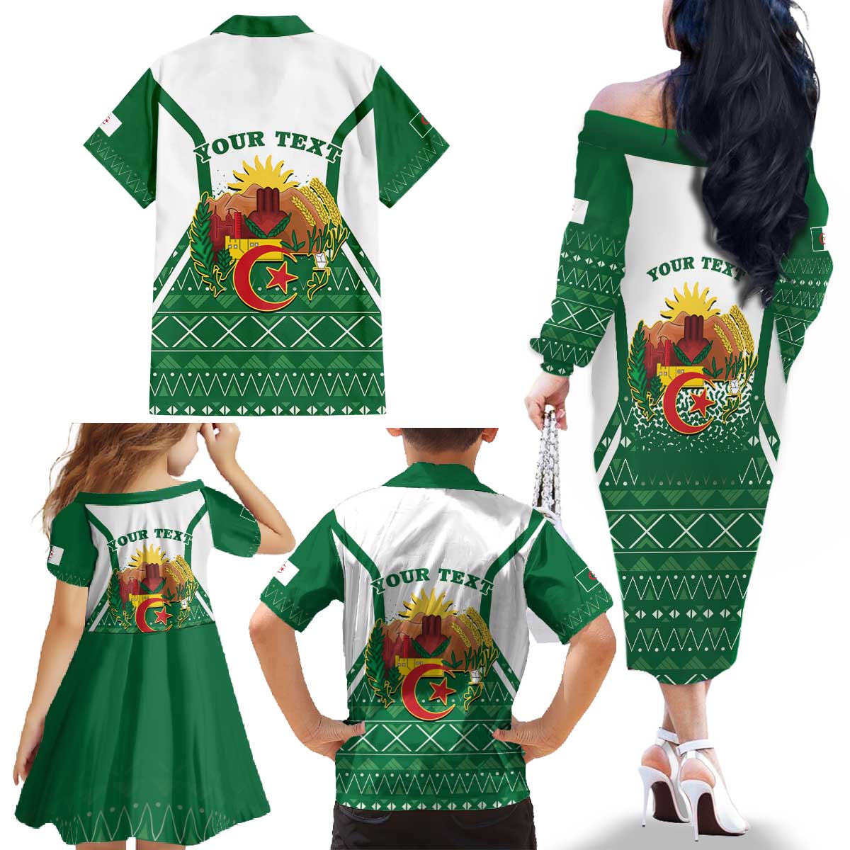 Personalized Algeria Family Matching Off The Shoulder Long Sleeve Dress and Hawaiian Shirt Coat Of Arms African Pattern - Wonder Print Shop