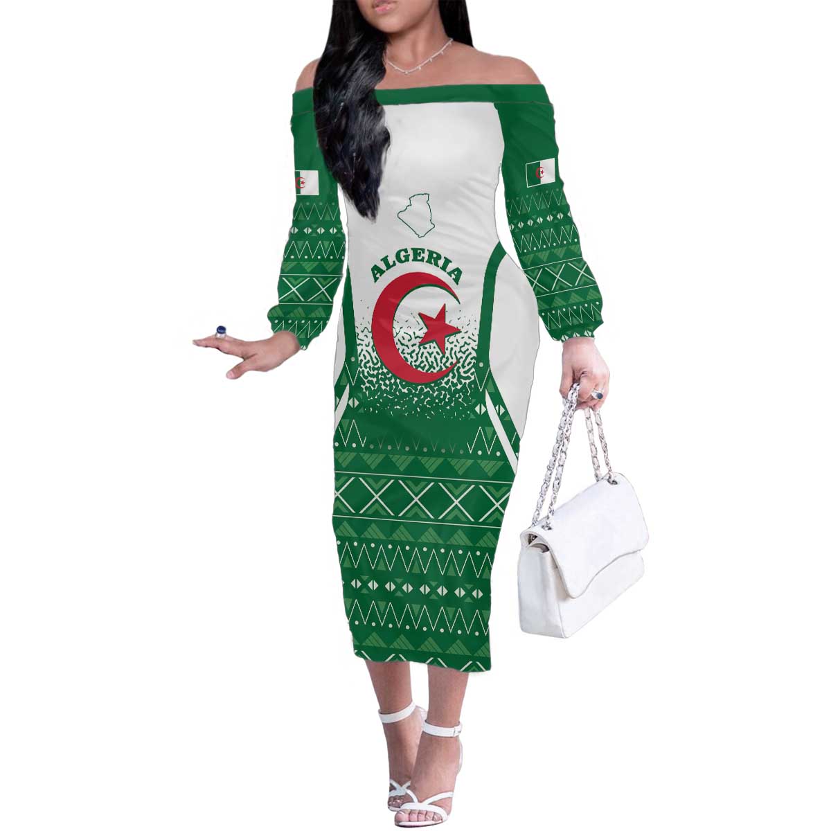 Personalized Algeria Family Matching Off The Shoulder Long Sleeve Dress and Hawaiian Shirt Coat Of Arms African Pattern - Wonder Print Shop