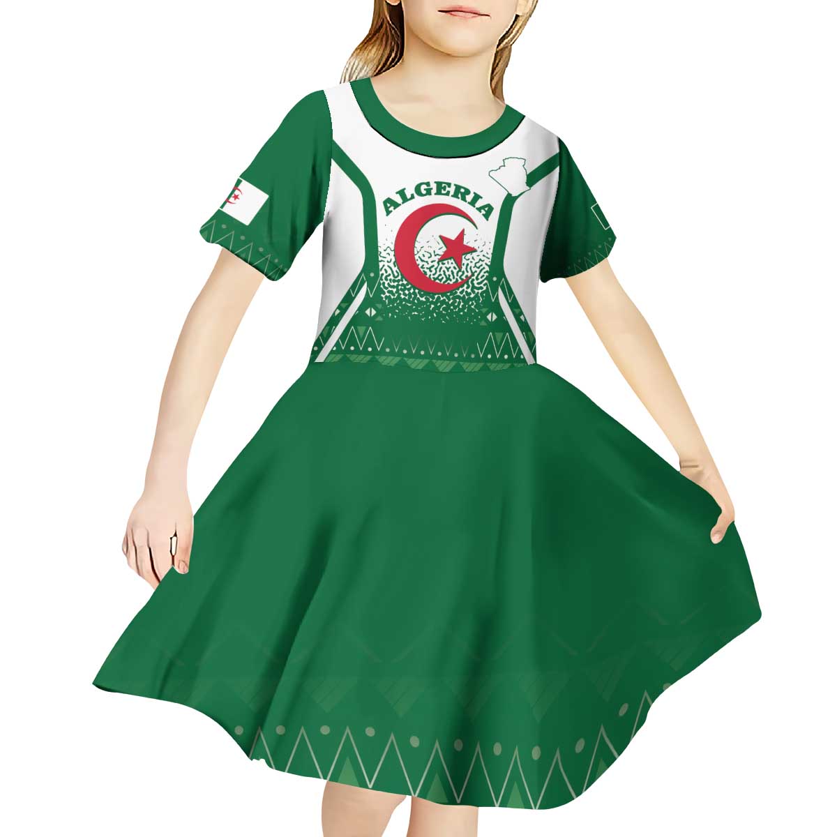 Personalized Algeria Kid Short Sleeve Dress Coat Of Arms African Pattern - Wonder Print Shop