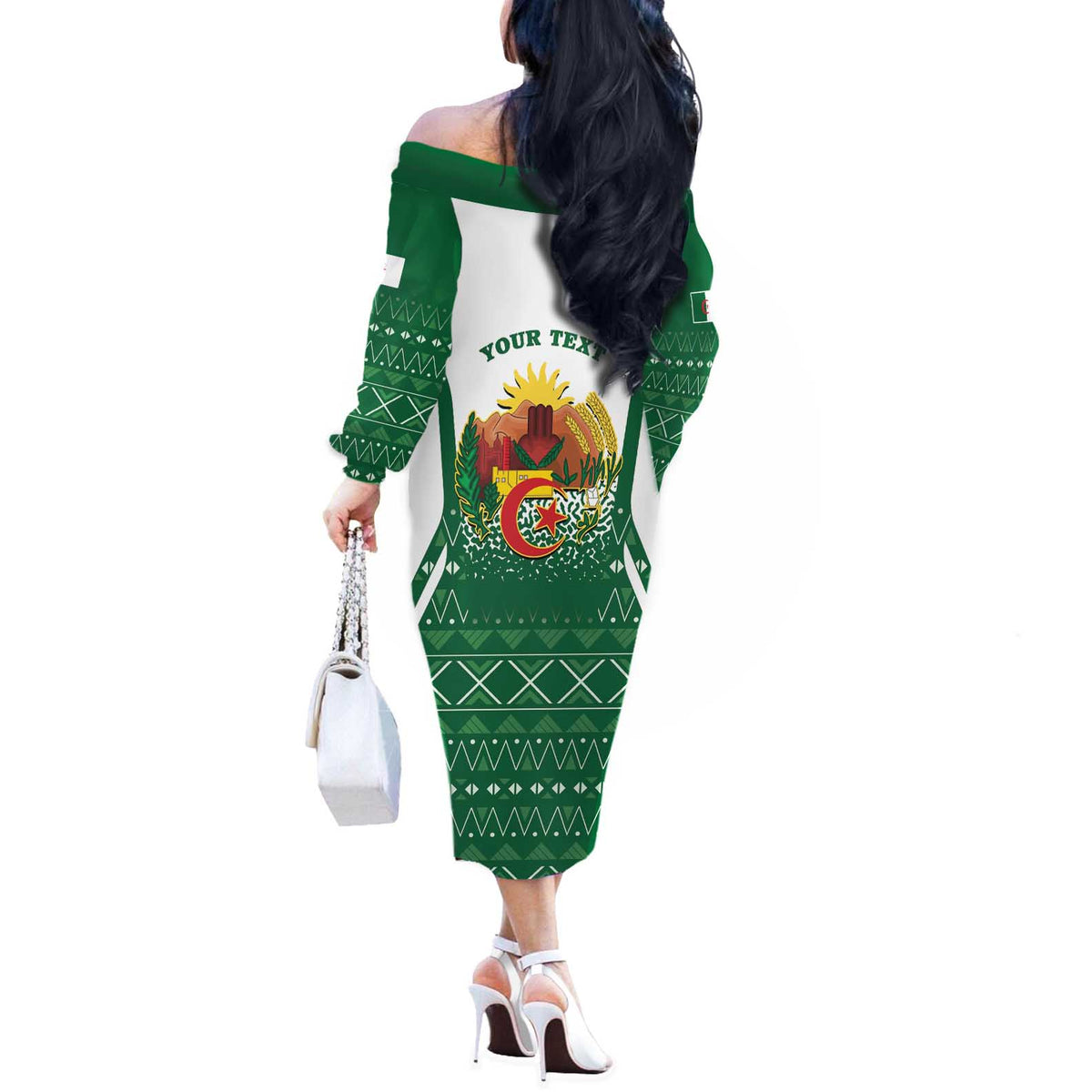 Personalized Algeria Off The Shoulder Long Sleeve Dress Coat Of Arms African Pattern - Wonder Print Shop