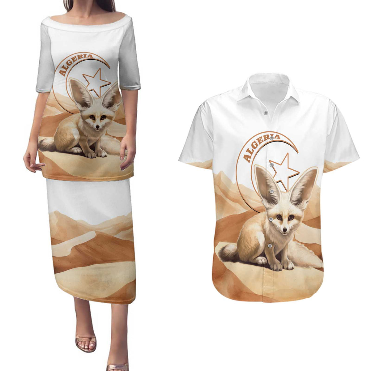Fennec Fox Algeria Couples Matching Puletasi and Hawaiian Shirt Algerian Sahara - Wonder Print Shop