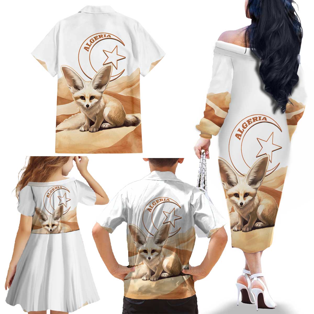 Fennec Fox Algeria Family Matching Off The Shoulder Long Sleeve Dress and Hawaiian Shirt Algerian Sahara - Wonder Print Shop
