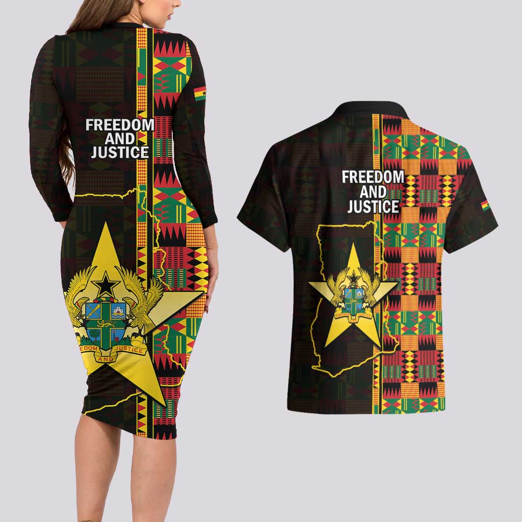 Ghana 1957 Couples Matching Long Sleeve Bodycon Dress and Hawaiian Shirt Independence Anniversary Kente Pattern
