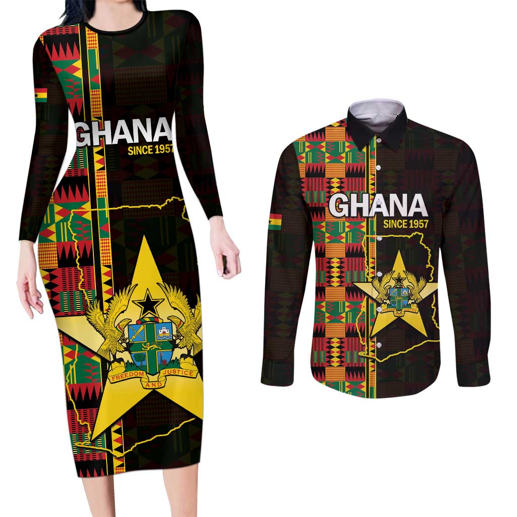 Ghana 1957 Couples Matching Long Sleeve Bodycon Dress and Long Sleeve Button Shirt Independence Anniversary Kente Pattern