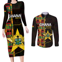 Ghana 1957 Couples Matching Long Sleeve Bodycon Dress and Long Sleeve Button Shirt Independence Anniversary Kente Pattern