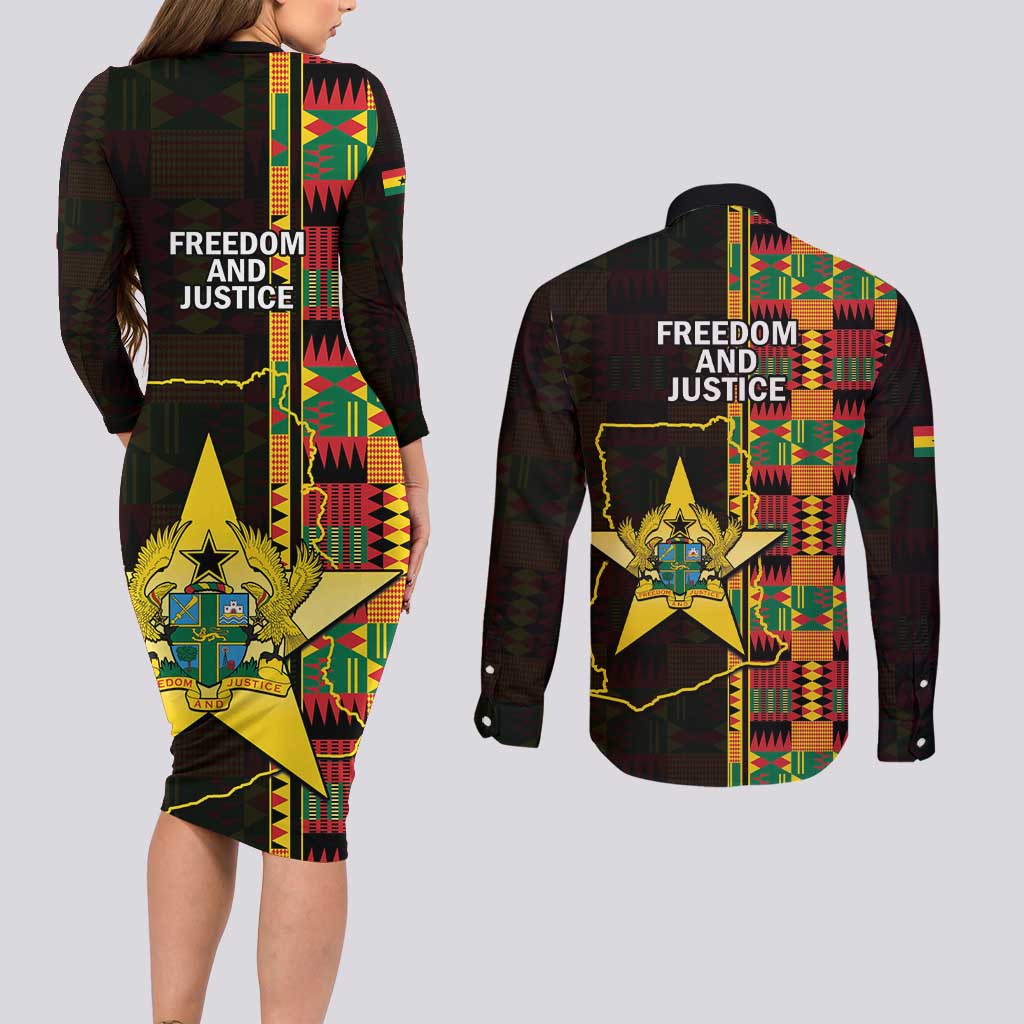 Ghana 1957 Couples Matching Long Sleeve Bodycon Dress and Long Sleeve Button Shirt Independence Anniversary Kente Pattern