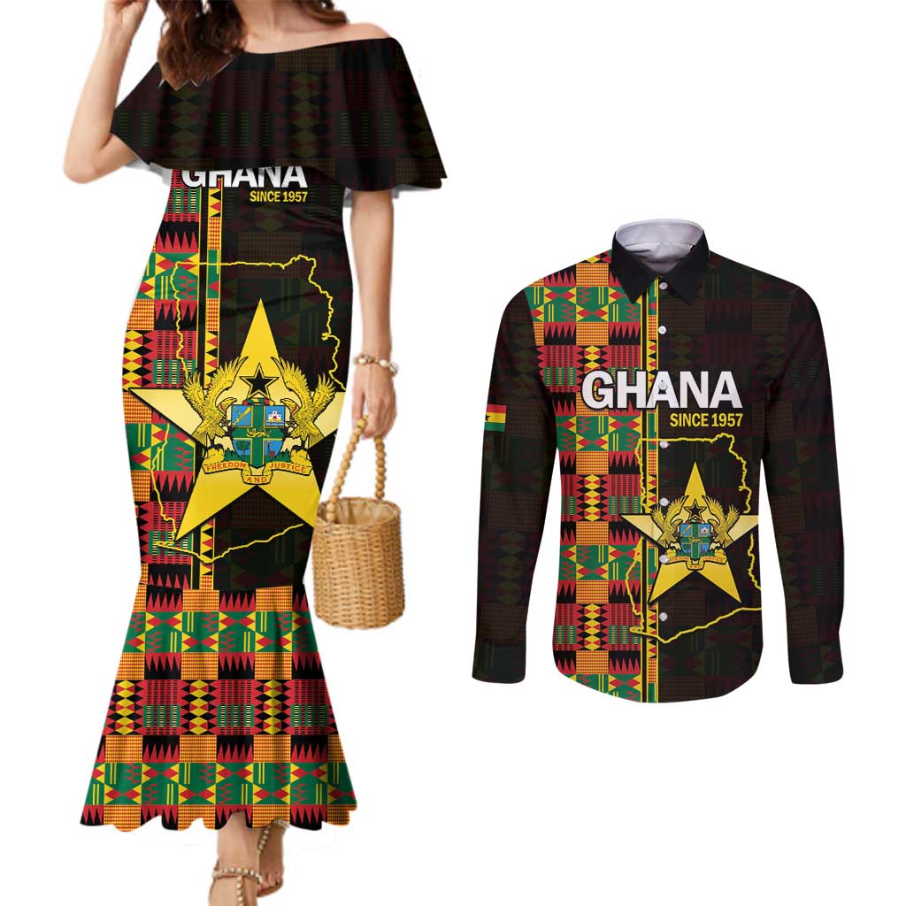 Ghana 1957 Couples Matching Mermaid Dress and Long Sleeve Button Shirt Independence Anniversary Kente Pattern