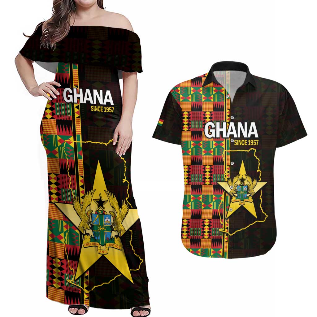 Ghana 1957 Couples Matching Off Shoulder Maxi Dress and Hawaiian Shirt Independence Anniversary Kente Pattern