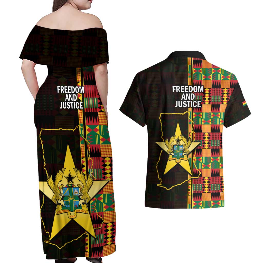 Ghana 1957 Couples Matching Off Shoulder Maxi Dress and Hawaiian Shirt Independence Anniversary Kente Pattern