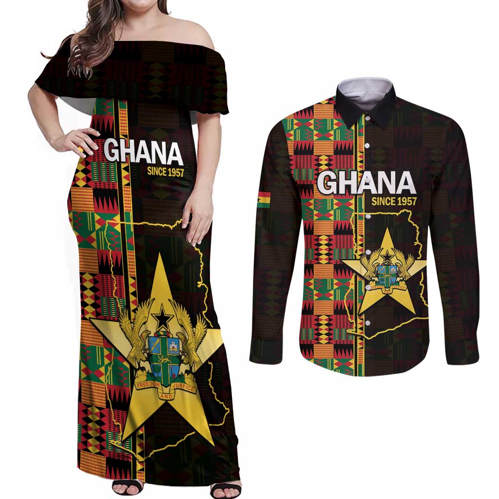 Ghana 1957 Couples Matching Off Shoulder Maxi Dress and Long Sleeve Button Shirt Independence Anniversary Kente Pattern
