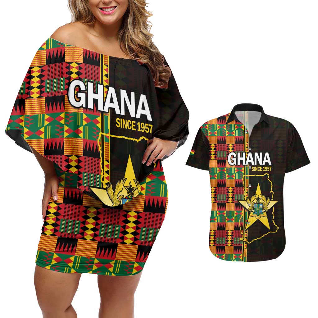 Ghana 1957 Couples Matching Off Shoulder Short Dress and Hawaiian Shirt Independence Anniversary Kente Pattern