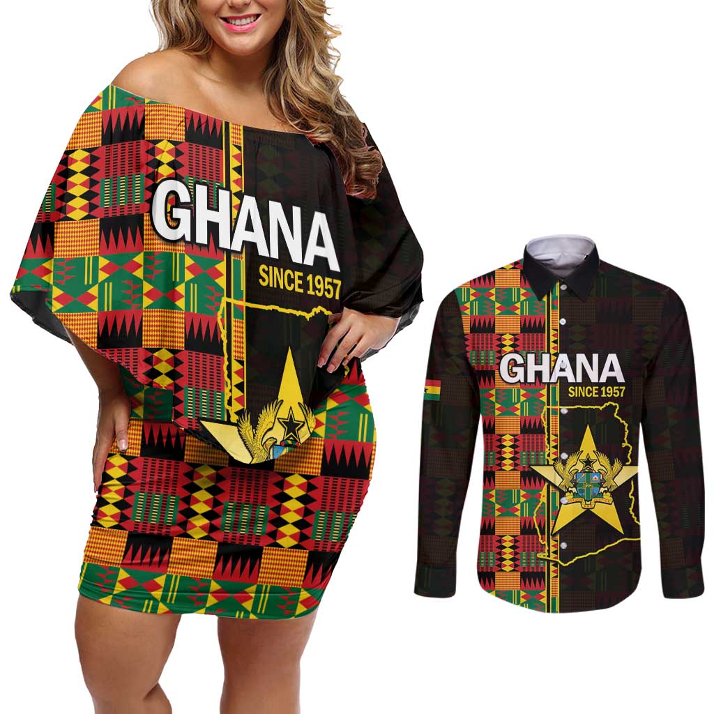 Ghana 1957 Couples Matching Off Shoulder Short Dress and Long Sleeve Button Shirt Independence Anniversary Kente Pattern