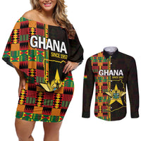 Ghana 1957 Couples Matching Off Shoulder Short Dress and Long Sleeve Button Shirt Independence Anniversary Kente Pattern