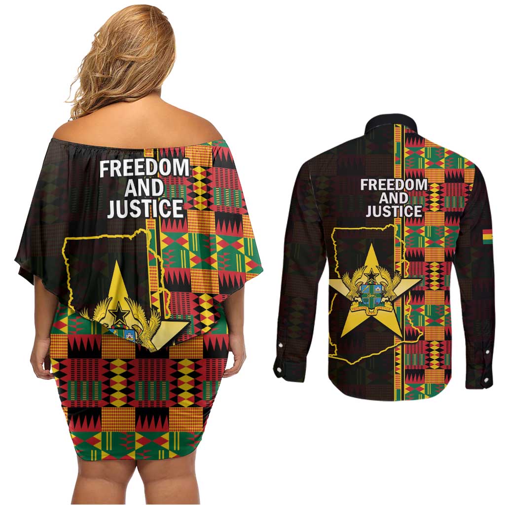 Ghana 1957 Couples Matching Off Shoulder Short Dress and Long Sleeve Button Shirt Independence Anniversary Kente Pattern