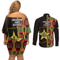 Ghana 1957 Couples Matching Off Shoulder Short Dress and Long Sleeve Button Shirt Independence Anniversary Kente Pattern