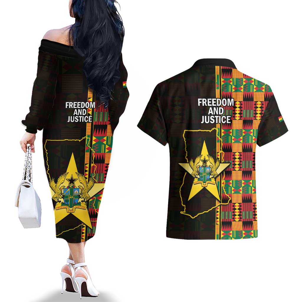 Ghana 1957 Couples Matching Off The Shoulder Long Sleeve Dress and Hawaiian Shirt Independence Anniversary Kente Pattern