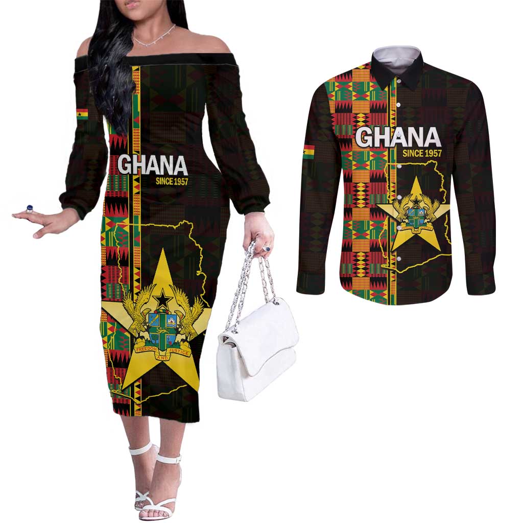 Ghana 1957 Couples Matching Off The Shoulder Long Sleeve Dress and Long Sleeve Button Shirt Independence Anniversary Kente Pattern