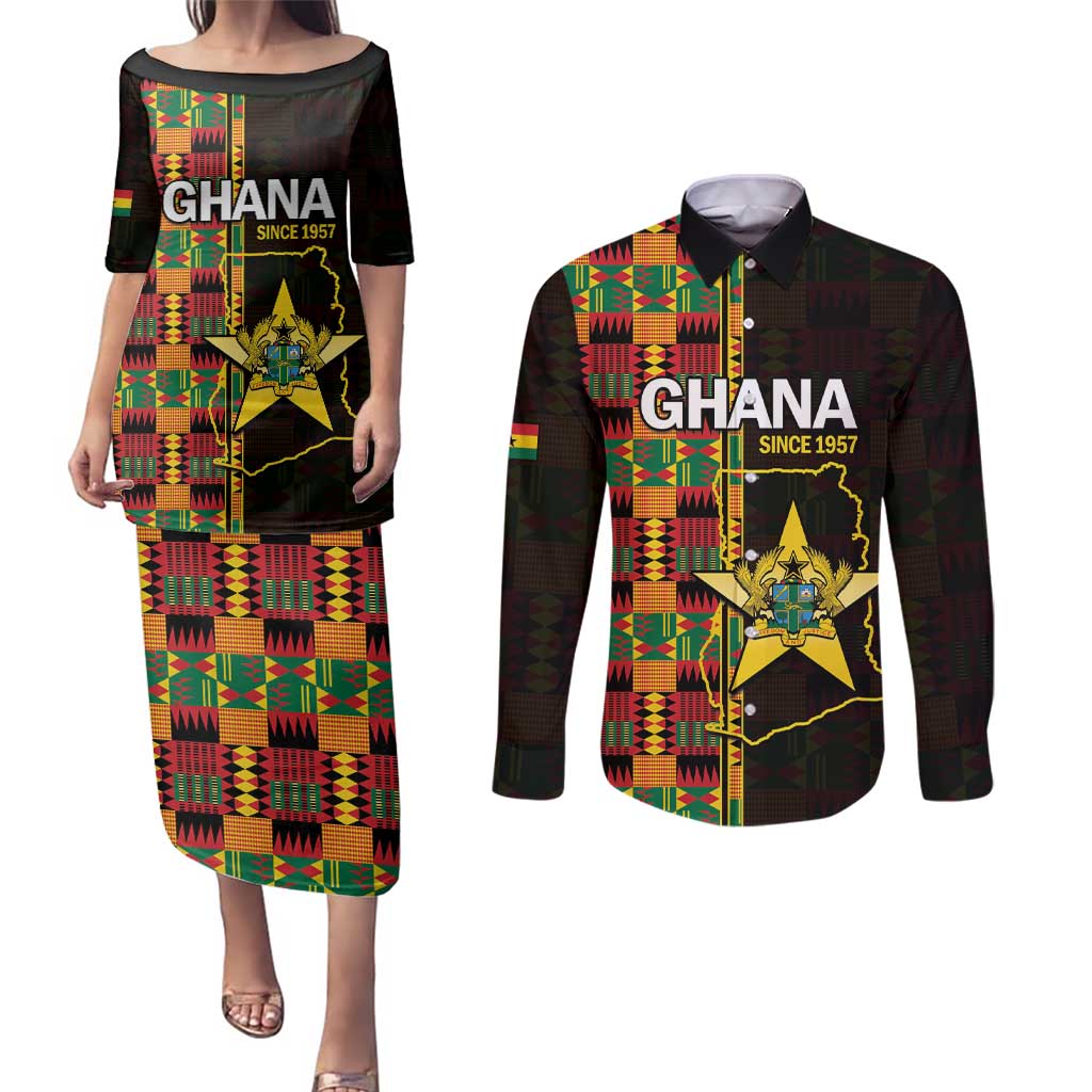 Ghana 1957 Couples Matching Puletasi and Long Sleeve Button Shirt Independence Anniversary Kente Pattern
