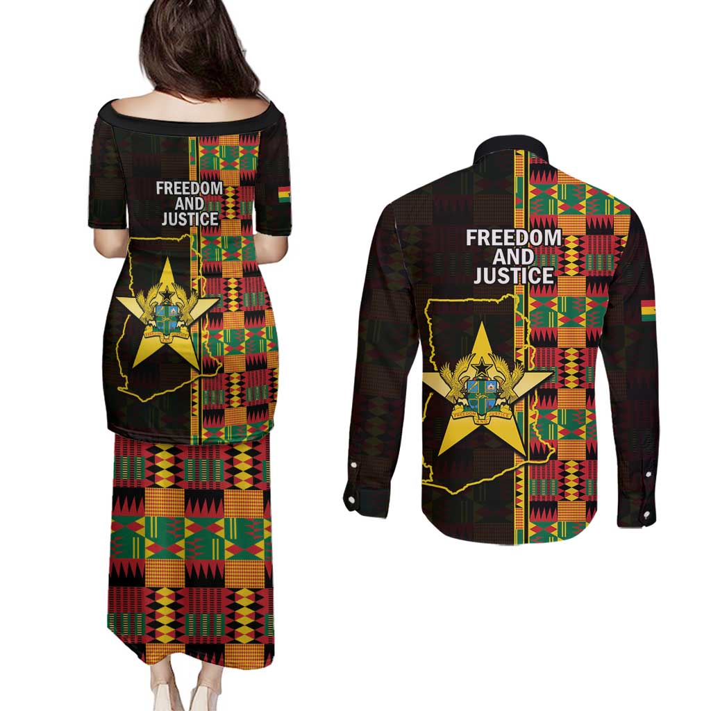 Ghana 1957 Couples Matching Puletasi and Long Sleeve Button Shirt Independence Anniversary Kente Pattern