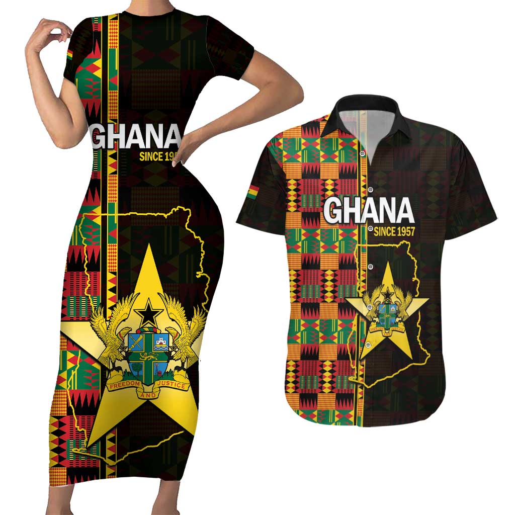 Ghana 1957 Couples Matching Short Sleeve Bodycon Dress and Hawaiian Shirt Independence Anniversary Kente Pattern