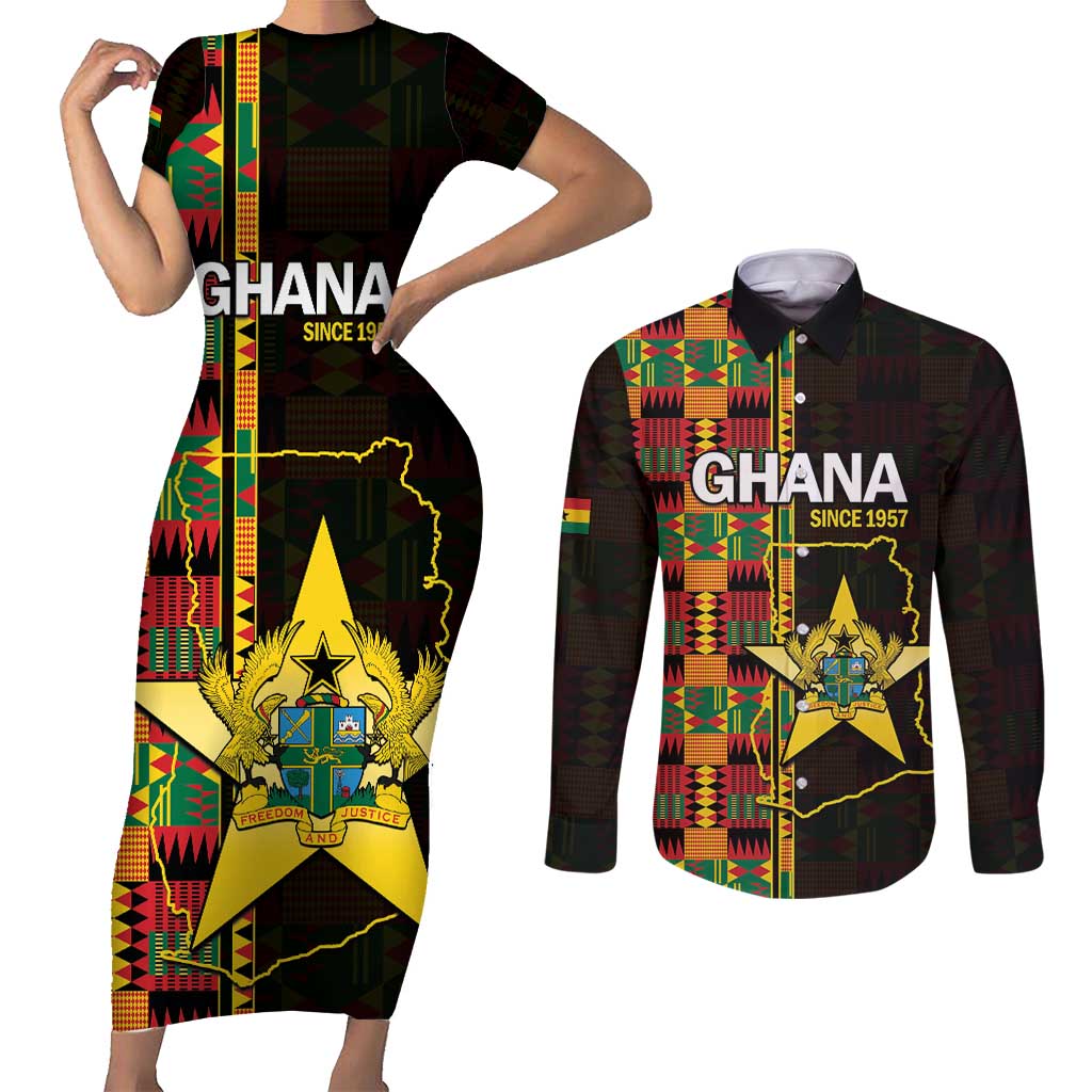 Ghana 1957 Couples Matching Short Sleeve Bodycon Dress and Long Sleeve Button Shirt Independence Anniversary Kente Pattern