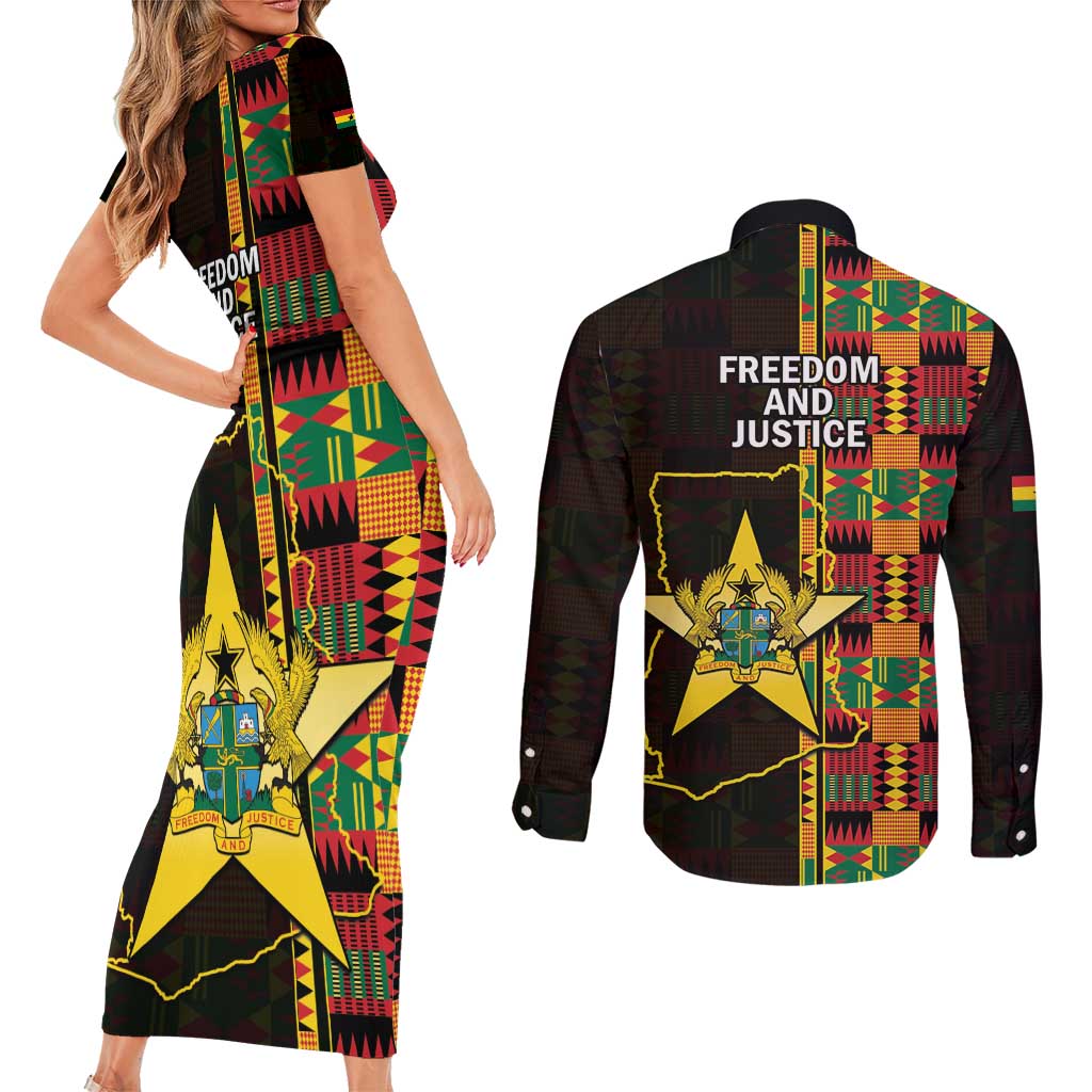 Ghana 1957 Couples Matching Short Sleeve Bodycon Dress and Long Sleeve Button Shirt Independence Anniversary Kente Pattern