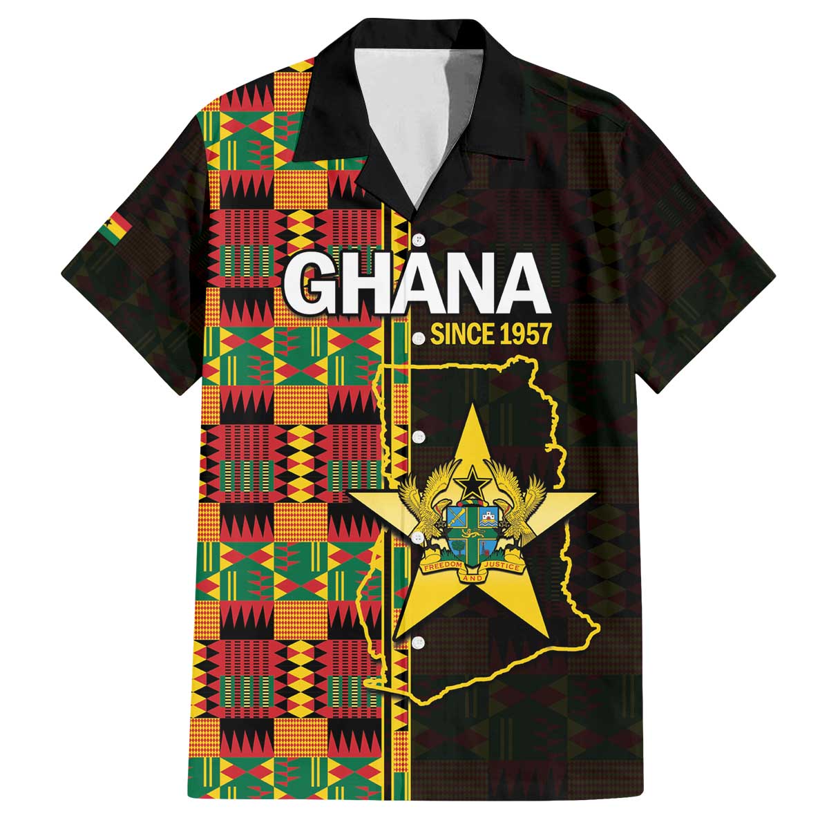 Ghana 1957 Family Matching Off The Shoulder Long Sleeve Dress and Hawaiian Shirt Independence Anniversary Kente Pattern