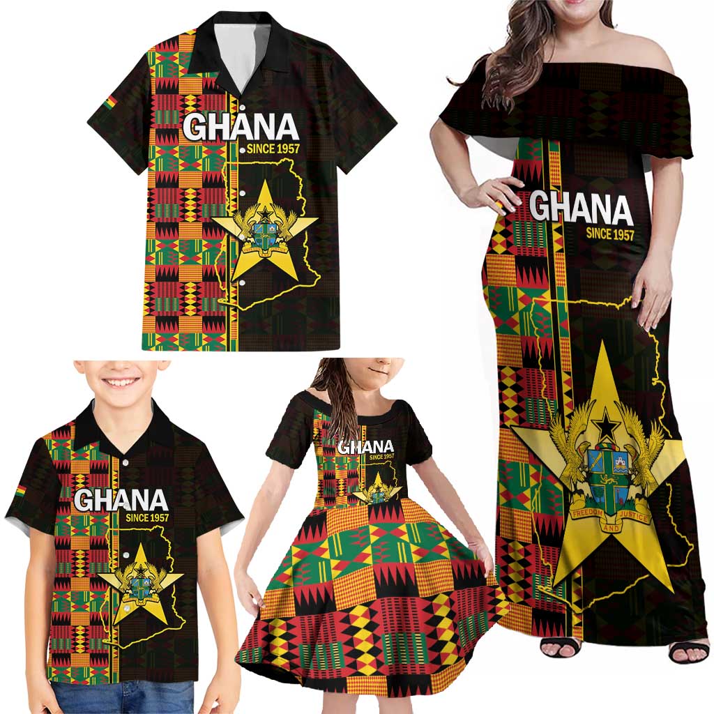 Ghana 1957 Family Matching Off Shoulder Maxi Dress and Hawaiian Shirt Independence Anniversary Kente Pattern
