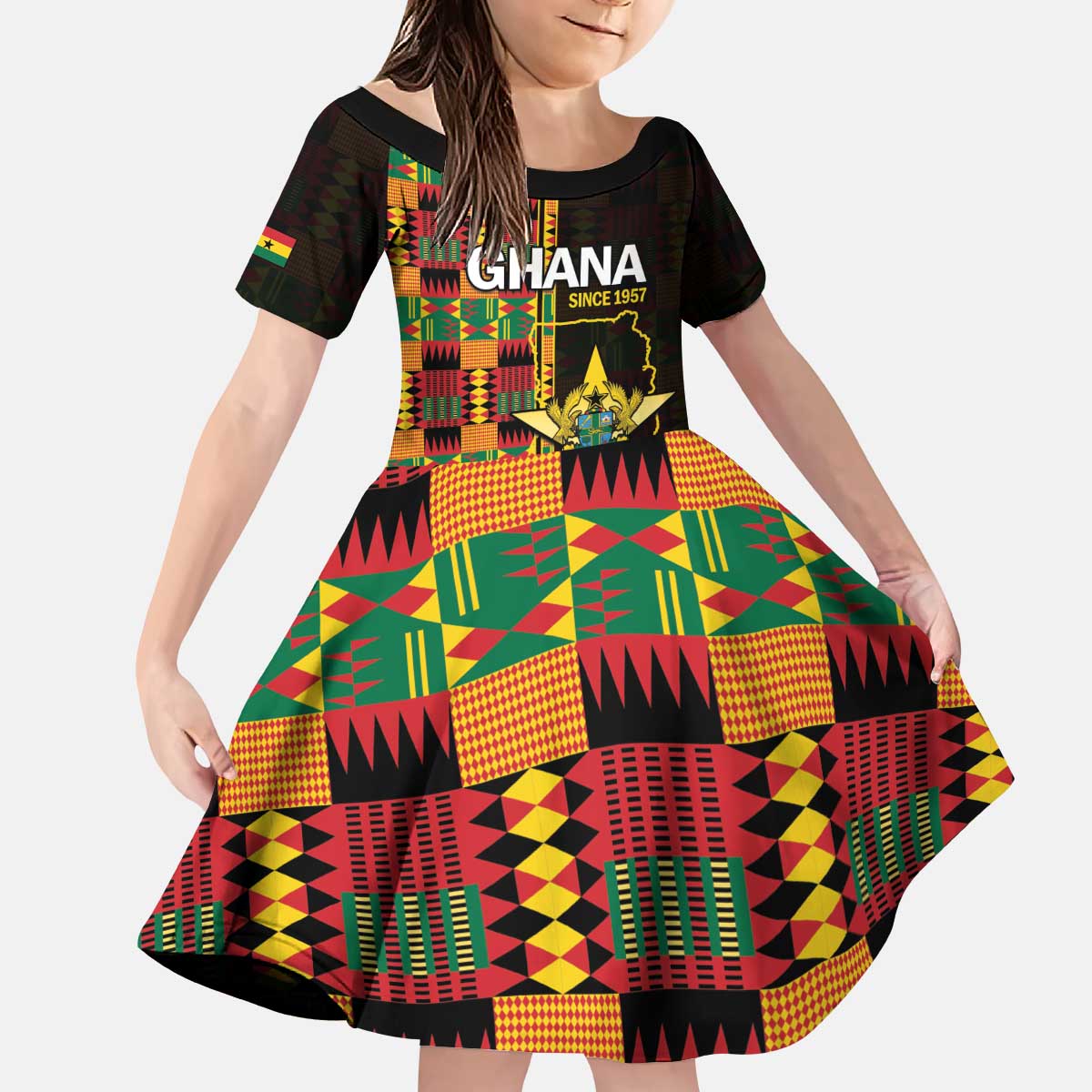 Ghana 1957 Kid Short Sleeve Dress Independence Anniversary Kente Pattern