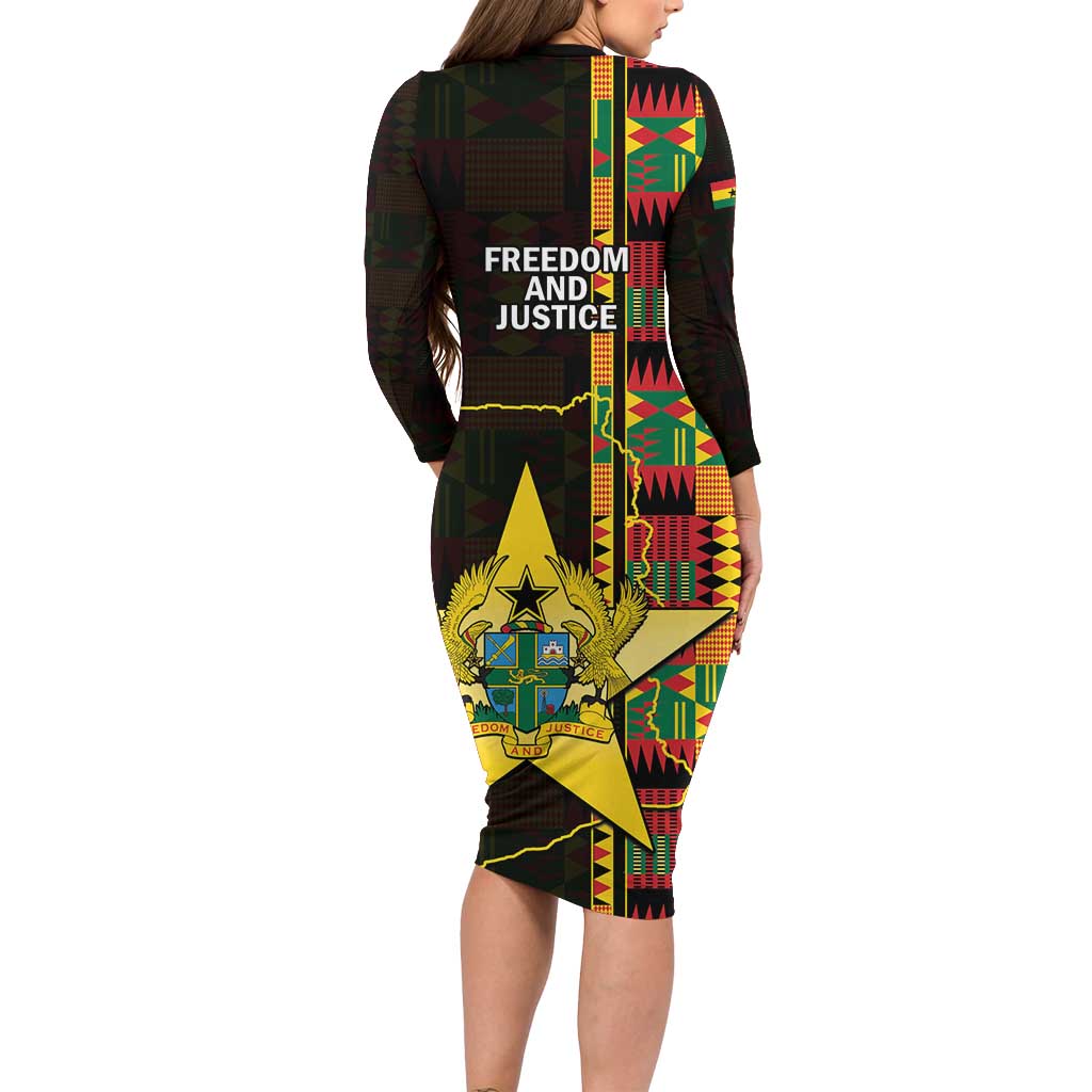 Ghana 1957 Long Sleeve Bodycon Dress Independence Anniversary Kente Pattern