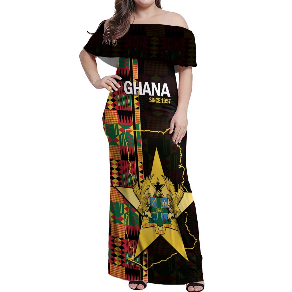 Ghana 1957 Off Shoulder Maxi Dress Independence Anniversary Kente Pattern