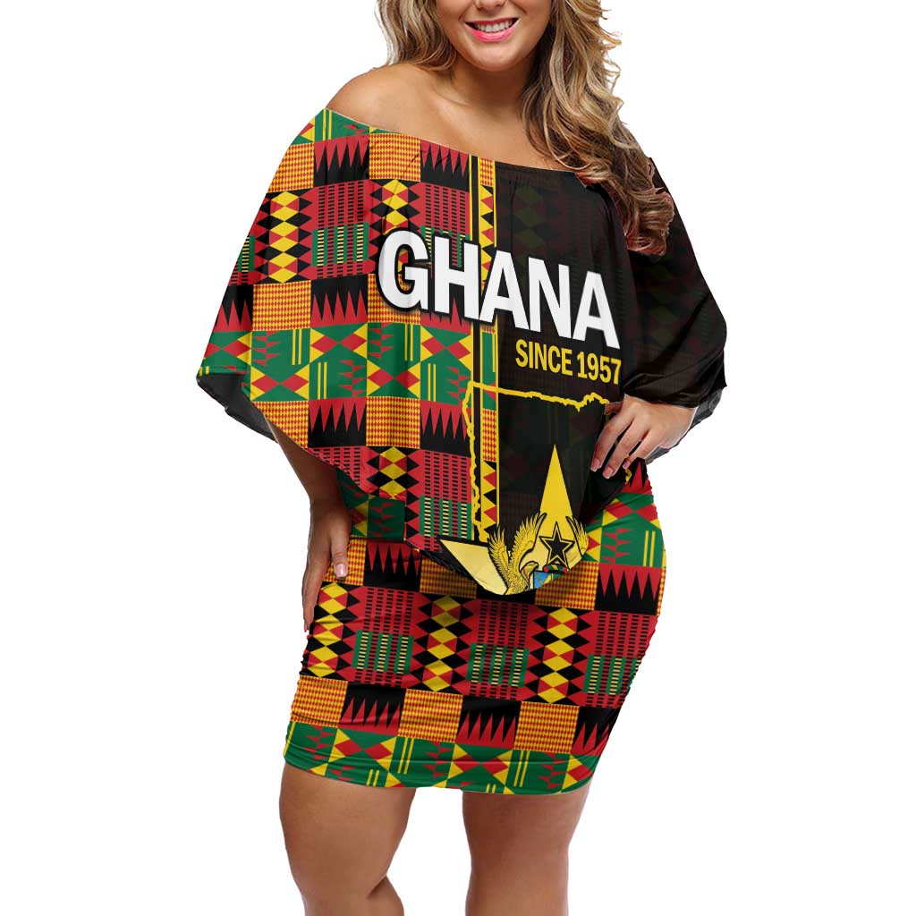 Ghana 1957 Off Shoulder Short Dress Independence Anniversary Kente Pattern
