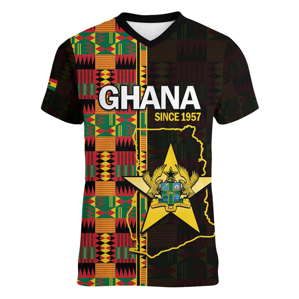 Ghana 1957 Women V-Neck T-Shirt Independence Anniversary Kente Pattern