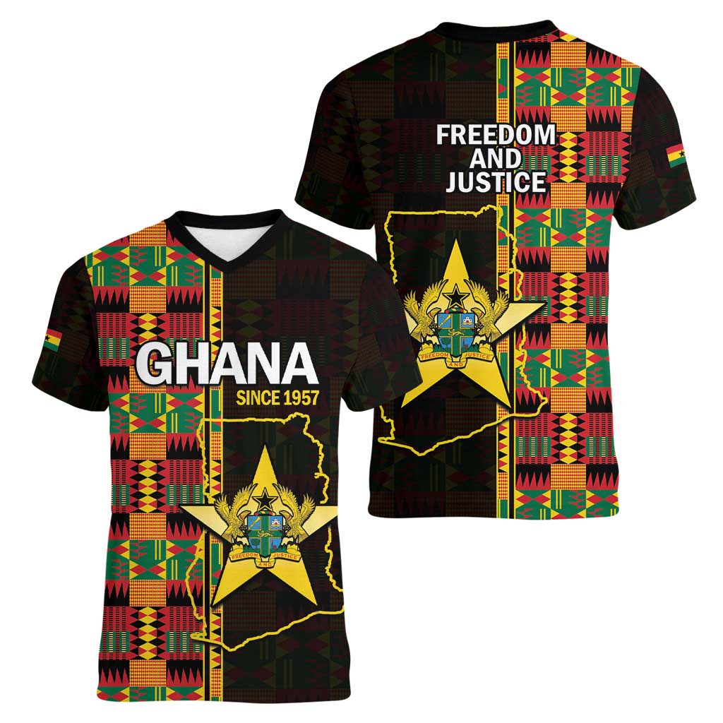 Ghana 1957 Women V-Neck T-Shirt Independence Anniversary Kente Pattern