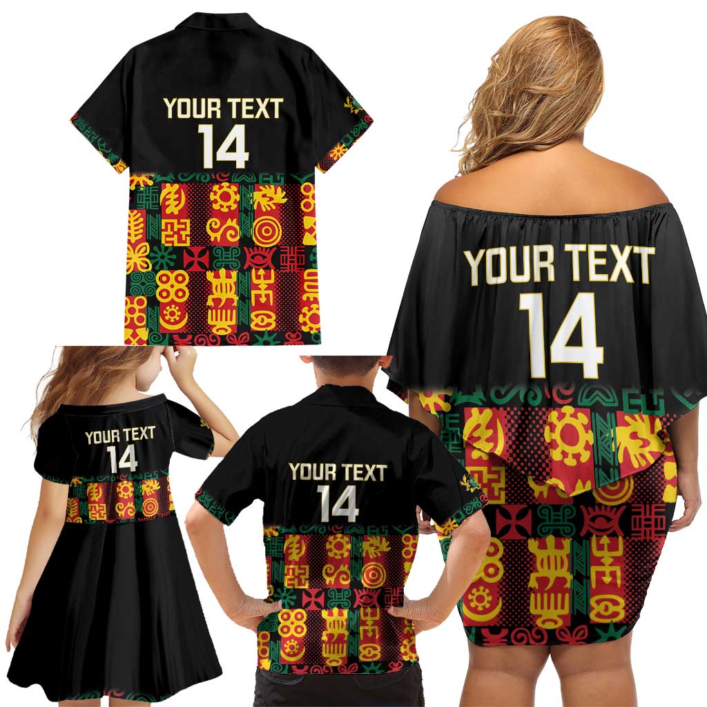 Custom Ghana Football Family Matching Off Shoulder Short Dress and Hawaiian Shirt 2025 Go Black Stars Adinkra pattern