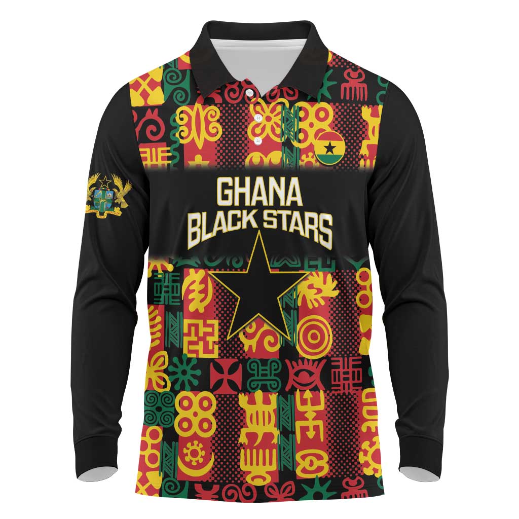 Custom Ghana Football Long Sleeve Polo Shirt 2025 Go Black Stars Adinkra pattern