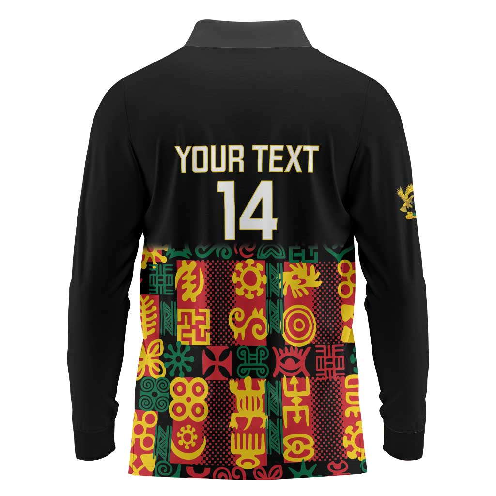 Custom Ghana Football Long Sleeve Polo Shirt 2025 Go Black Stars Adinkra pattern