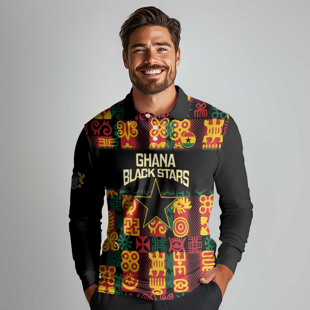 Custom Ghana Football Long Sleeve Polo Shirt 2025 Go Black Stars Adinkra pattern