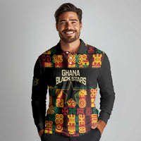 Custom Ghana Football Long Sleeve Polo Shirt 2025 Go Black Stars Adinkra pattern