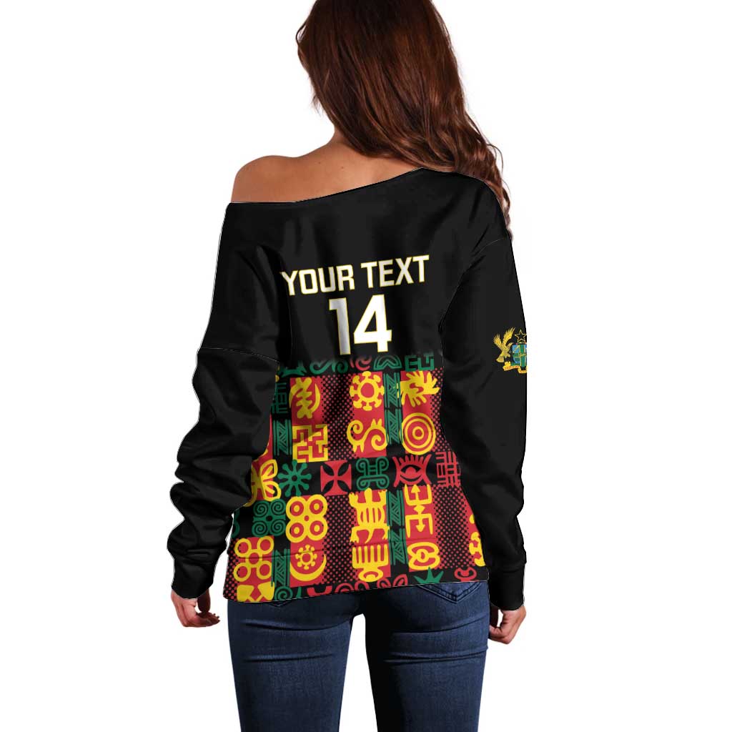 Custom Ghana Football Off Shoulder Sweater 2025 Go Black Stars Adinkra pattern