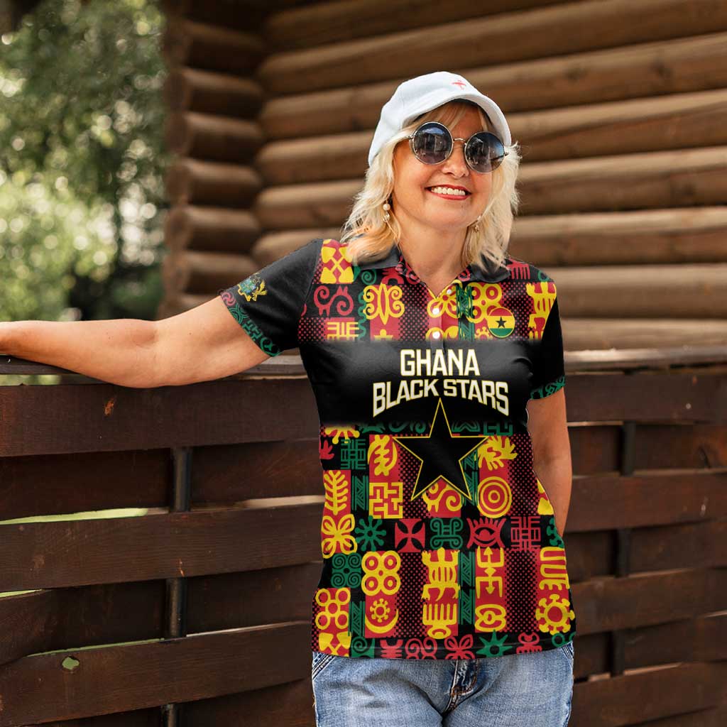 Custom Ghana Football Women Polo Shirt 2025 Go Black Stars Adinkra pattern