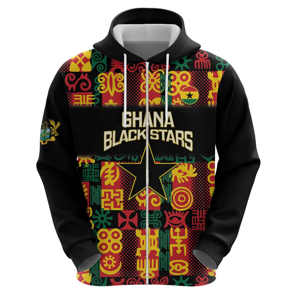 Custom Ghana Football Zip Hoodie 2025 Go Black Stars Adinkra pattern