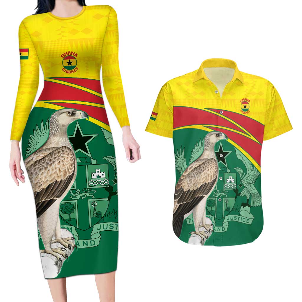 Custom Ghana Cricket Couples Matching Long Sleeve Bodycon Dress and Hawaiian Shirt Go Ghanaian Tawny Eagle