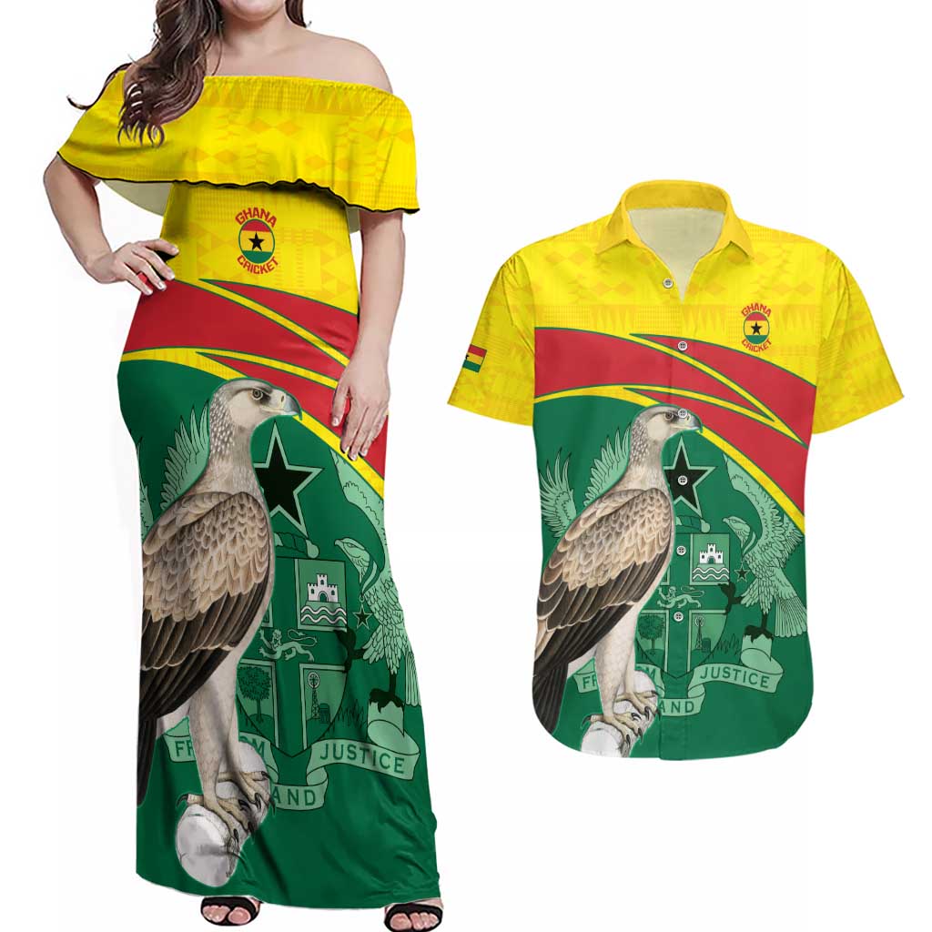 Custom Ghana Cricket Couples Matching Off Shoulder Maxi Dress and Hawaiian Shirt Go Ghanaian Tawny Eagle