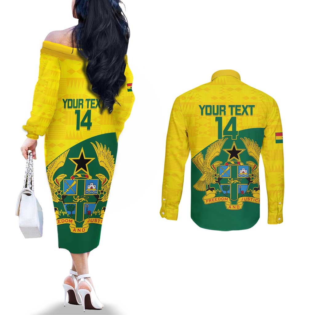 Custom Ghana Cricket Couples Matching Off The Shoulder Long Sleeve Dress and Long Sleeve Button Shirt Go Ghanaian Tawny Eagle